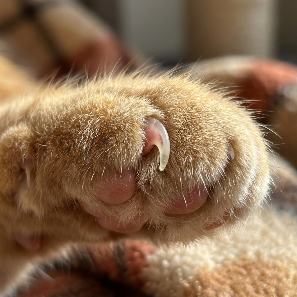 A close-up photo of a cat paw with the nail gently extended, showing the translucent tip and the pink quick inside