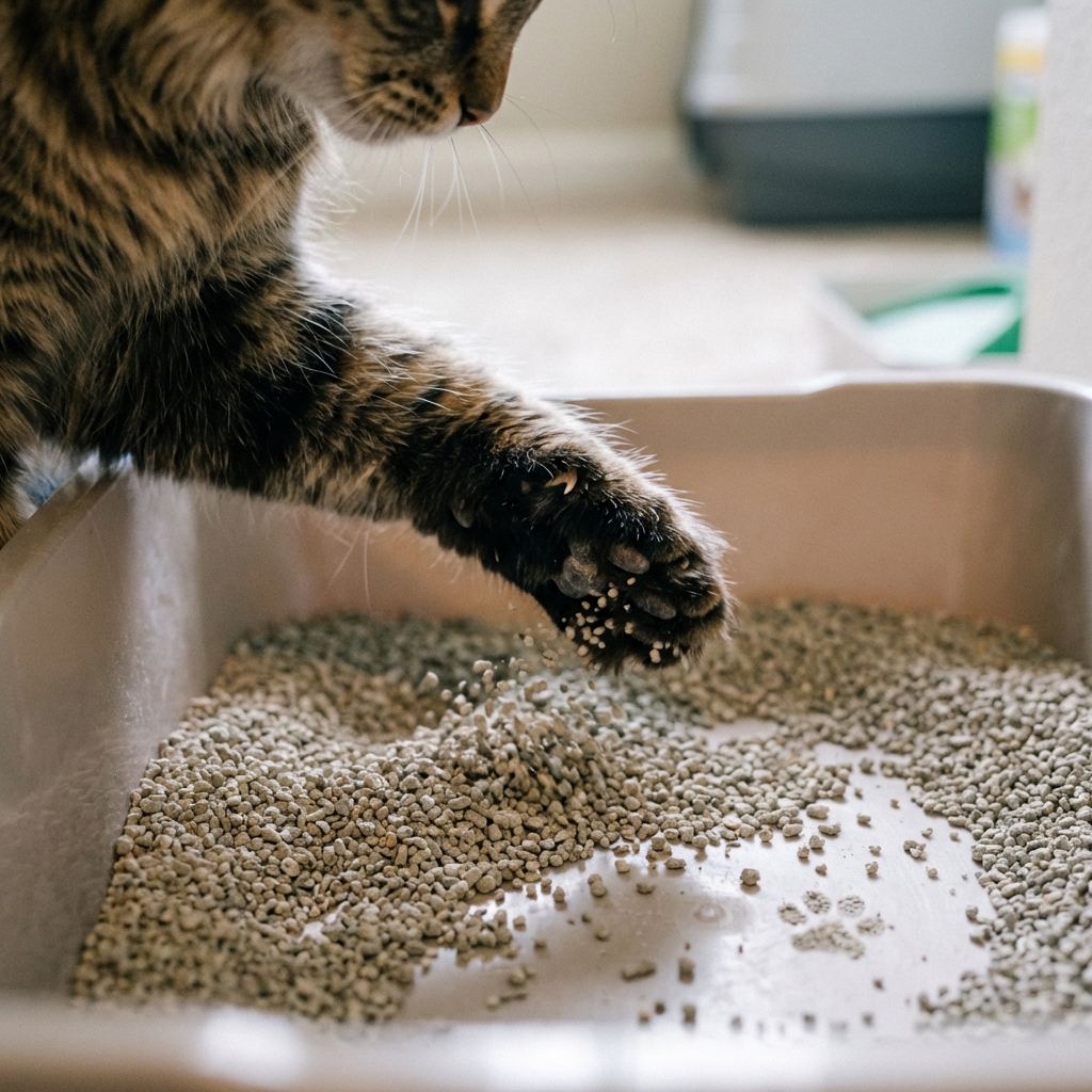 A close-up photo of a cat pawing at litter in a clean litter box