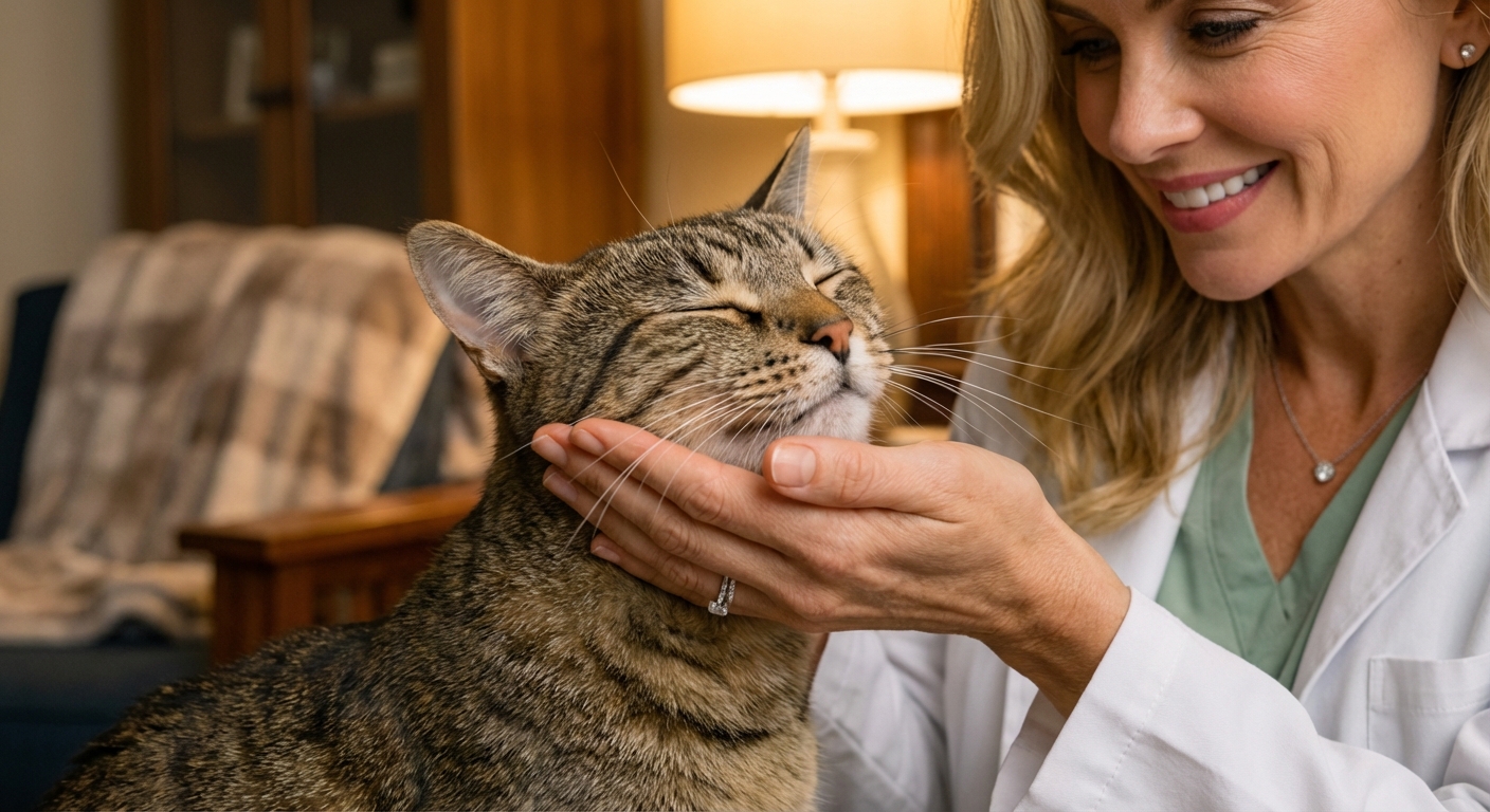 A close-up photo of a cat rubbing her face against a person’s hand indoors, showing affectionate heat-related behavior