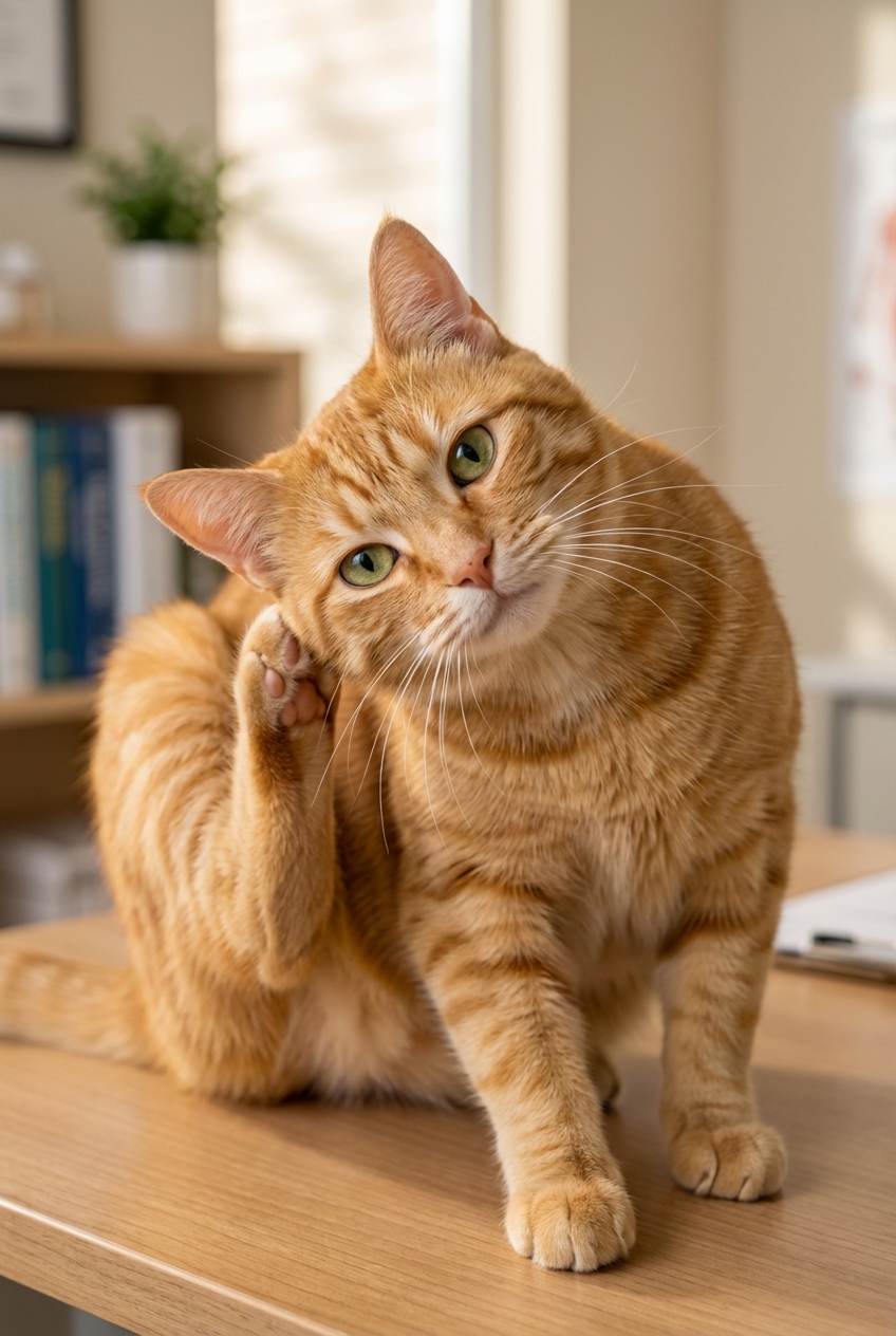 A close-up photo of a cat scratching its ear with a hind paw indoors