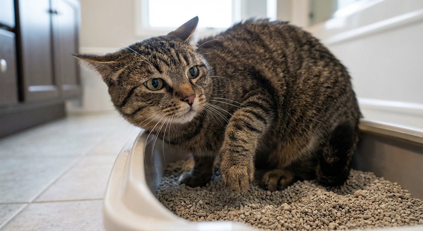 A close-up photo of a cat sitting in a litter box, looking uncomfortable