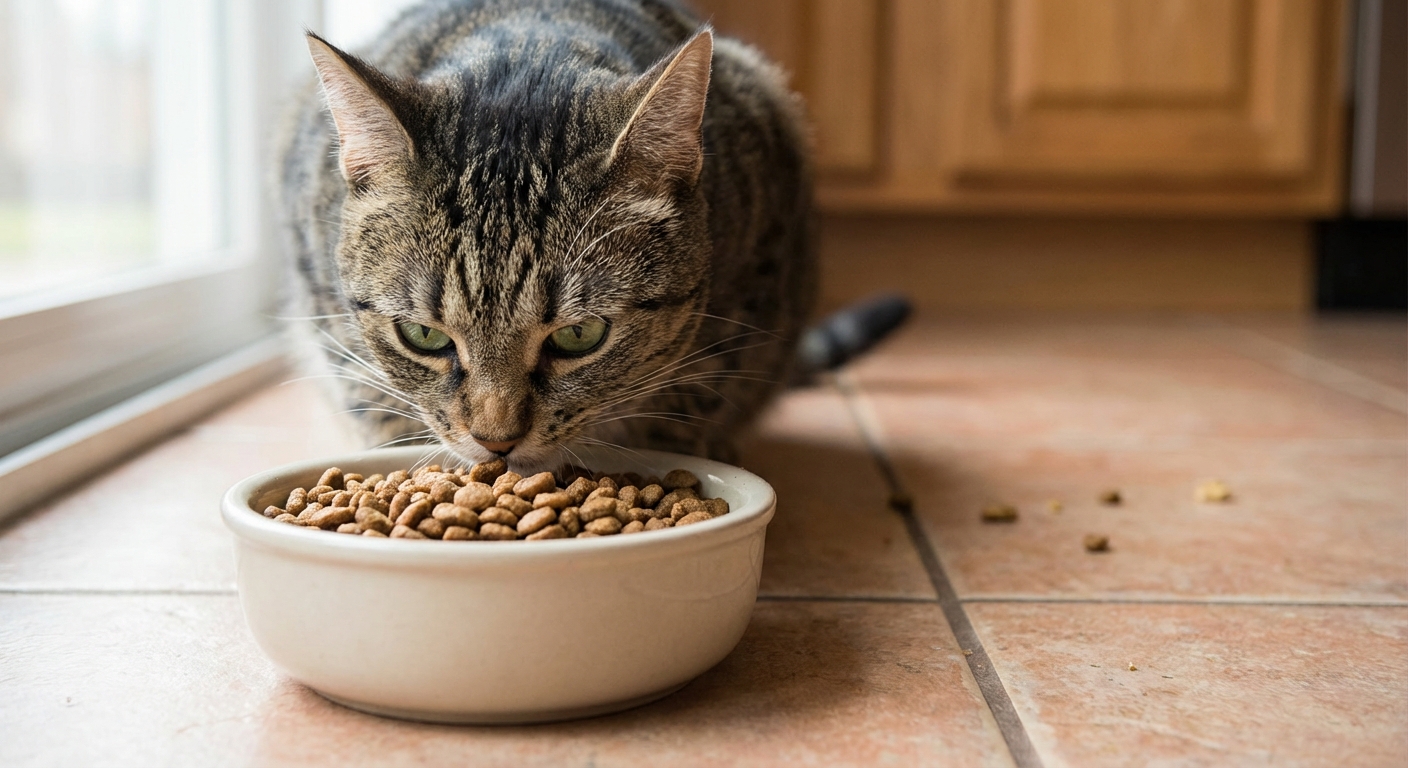 A close-up photo of a cat sniffing a bowl of dry kibble on a kitchen floor