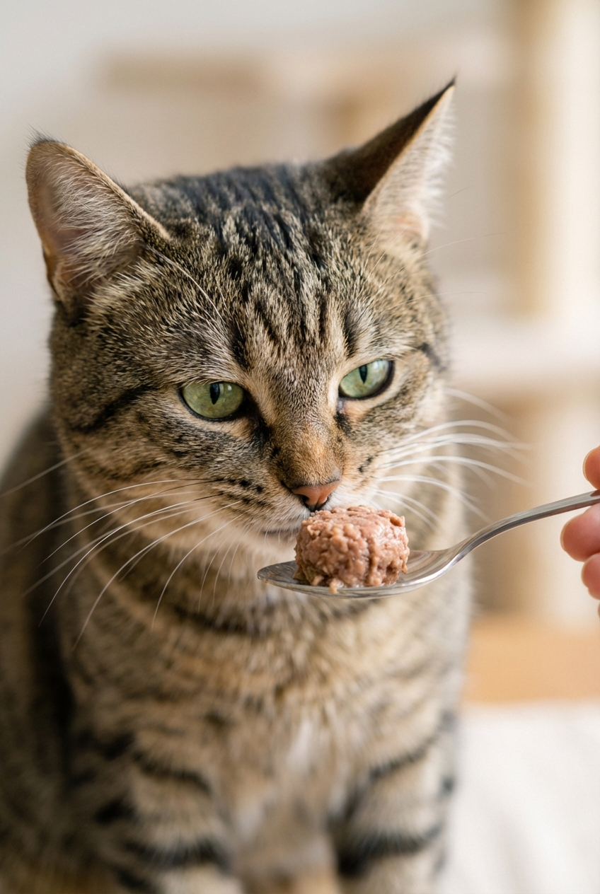 A close-up photo of a cat sniffing a small ball of canned food held on a spoon