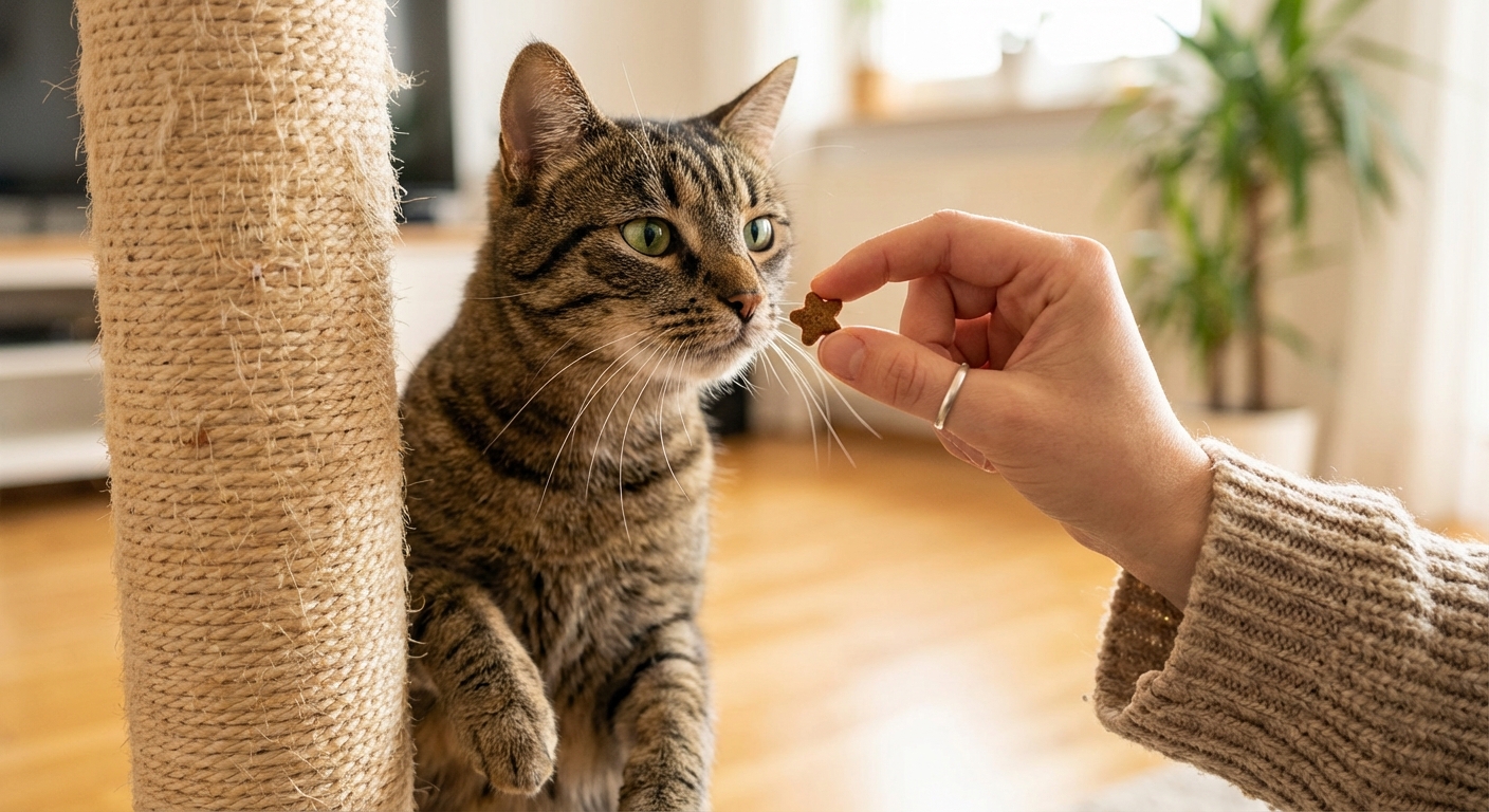 A close-up photo of a cat standing near a scratching post while a person holds a small treat in their hand