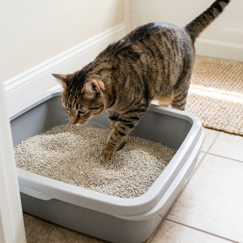 A close-up photo of a cat stepping into a clean litter box in a home bathroom