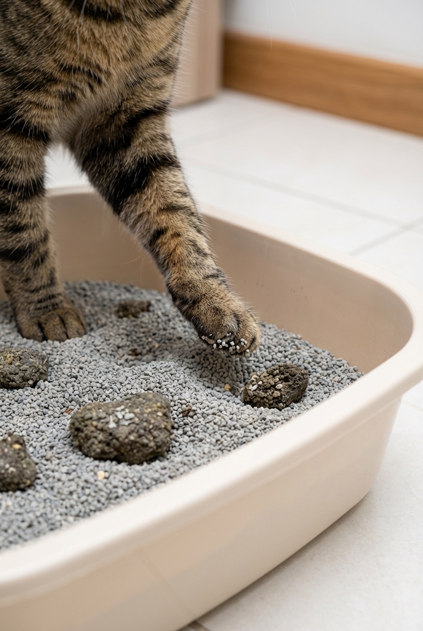 A close-up photo of a cat stepping into a litter box with visible large clumps in the litter