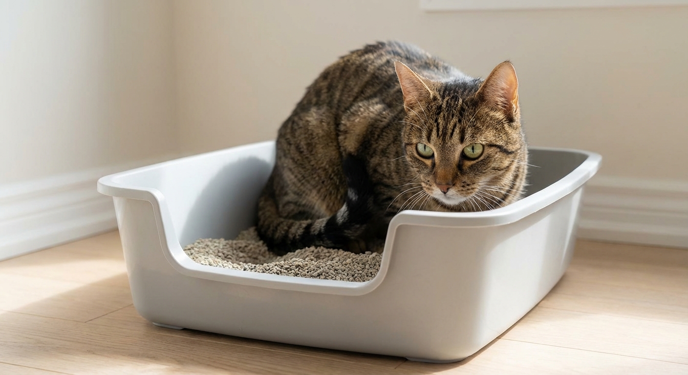 A close-up photo of a cat using a low-entry litter box in a quiet room