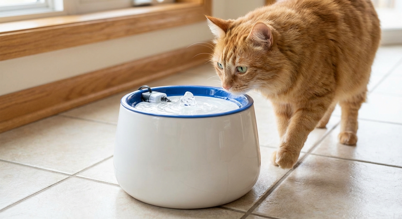 A close-up photo of a cat water fountain on a kitchen floor with a curious cat standing nearby
