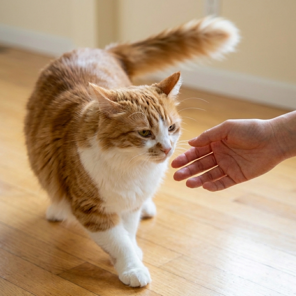A close-up photo of a cat with ears slightly back and tail swishing while a person reaches a hand toward it