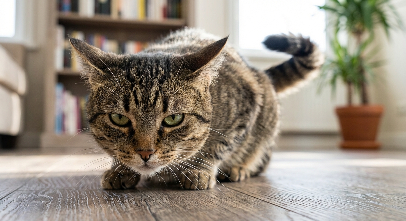 A close-up photo of a cat with ears slightly back and tail tip twitching