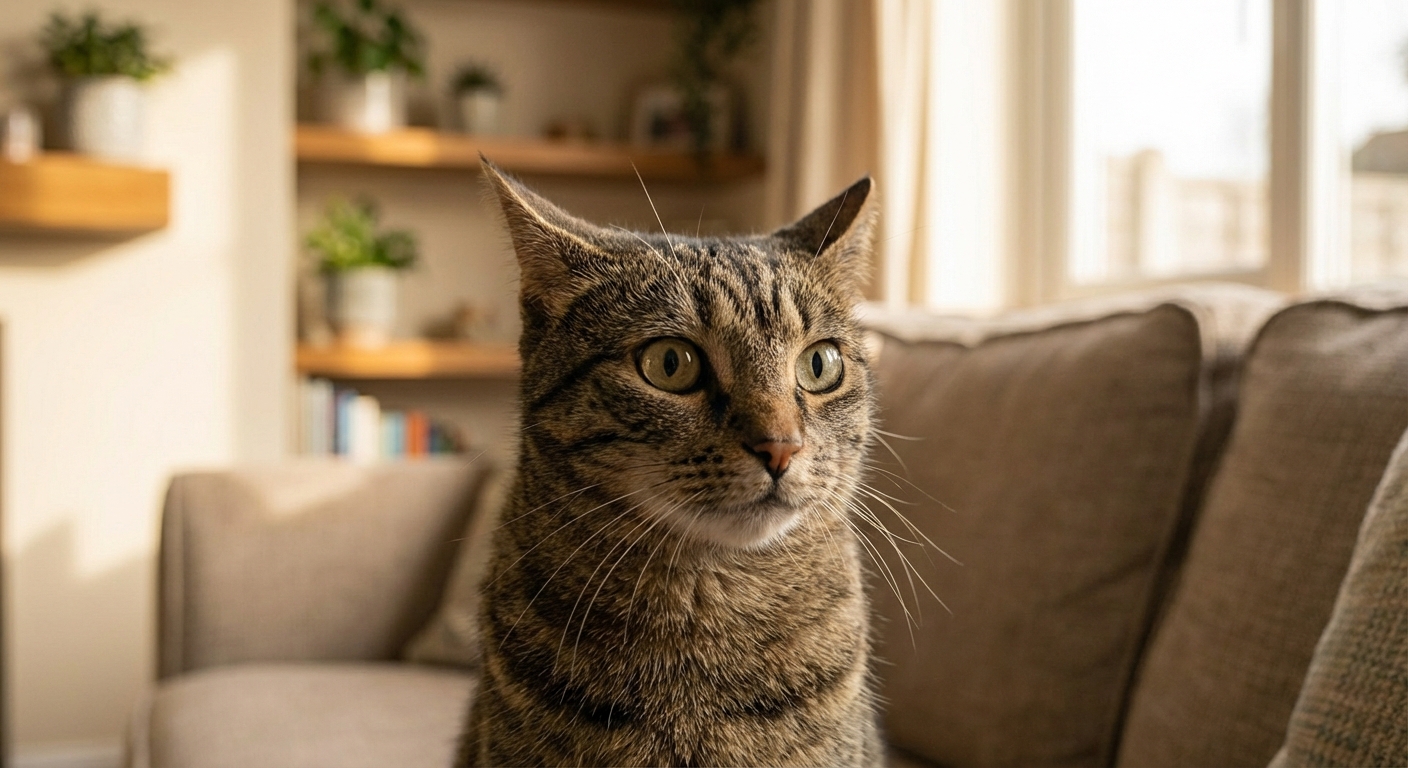 A close-up photo of a cat with ears slightly turned sideways and wide pupils in an indoor living room
