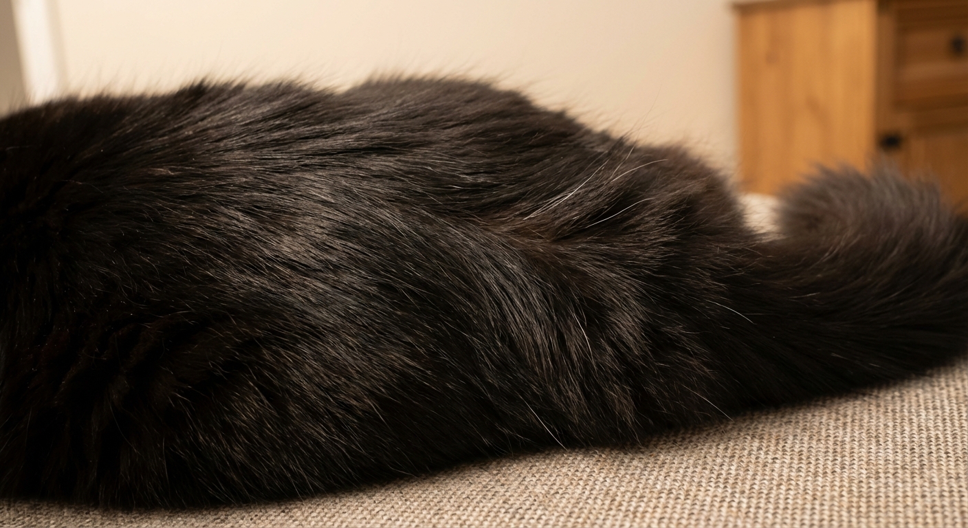 A close-up photo of a cat’s back and tail base area with the fur visible in soft indoor lighting