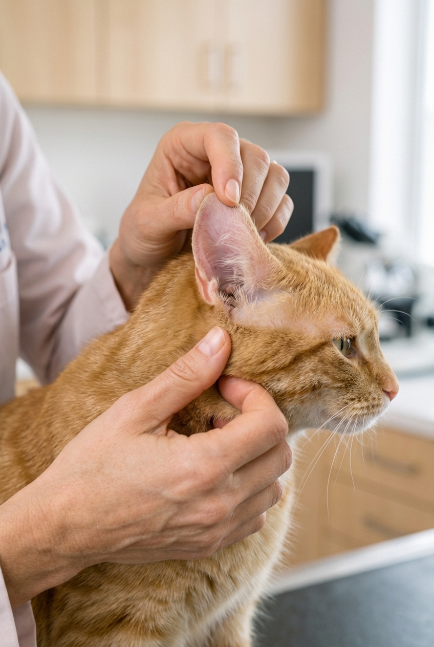 A close-up photo of a cat's ear being gently lifted by a person to check the inner ear skin