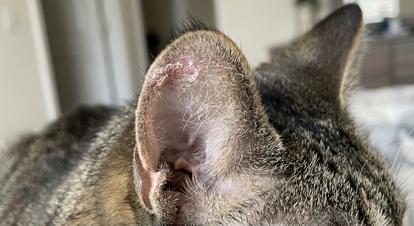 A close-up photo of a cat’s ear with a small scaly hairless patch near the edge of the ear