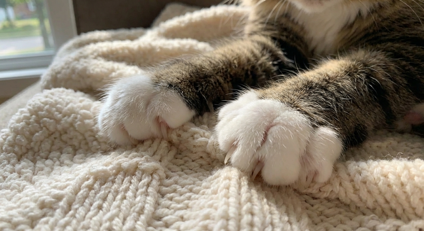 A close-up photo of a cat’s front paws pressing into a knitted throw blanket