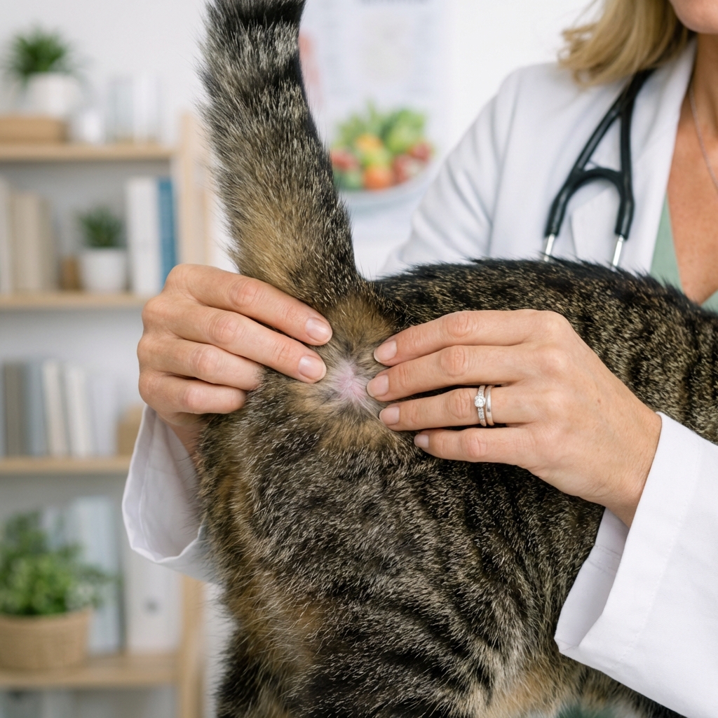 A close-up photo of a cat’s lower back and tail base while a person parts the fur to check the skin