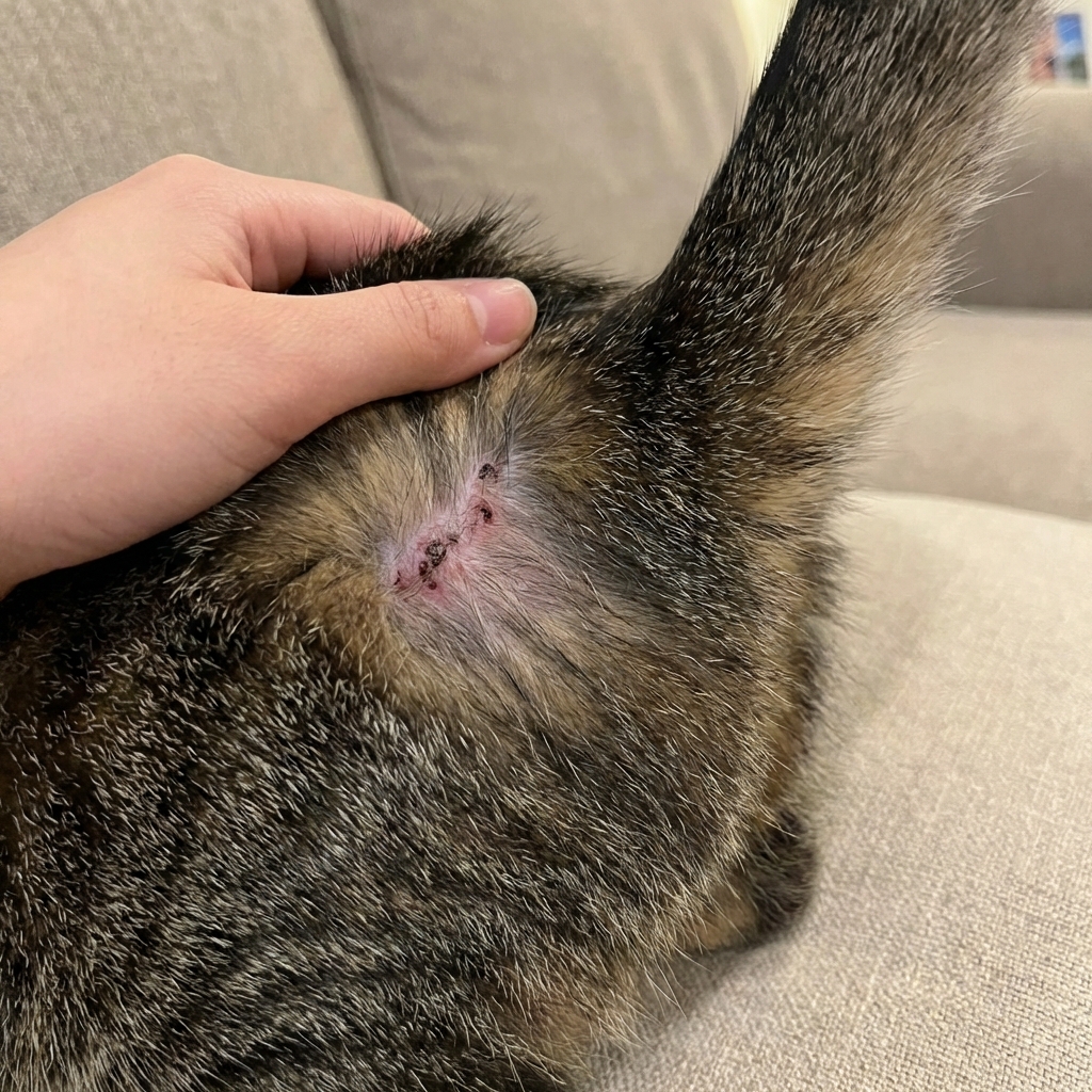 A close-up photo of a cat's lower back near the tail base showing mild hair thinning and small scabs in the fur