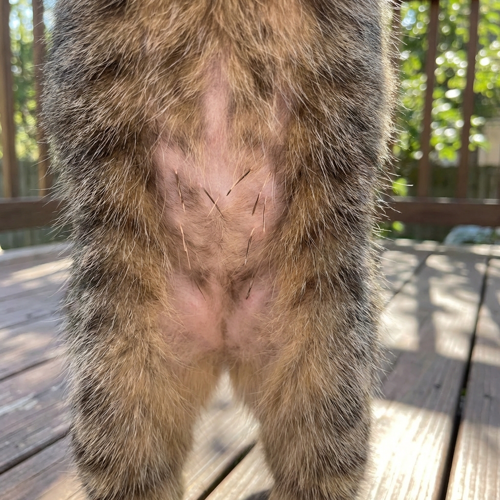 A close-up photo of a cat’s lower belly showing thin fur with small broken hairs
