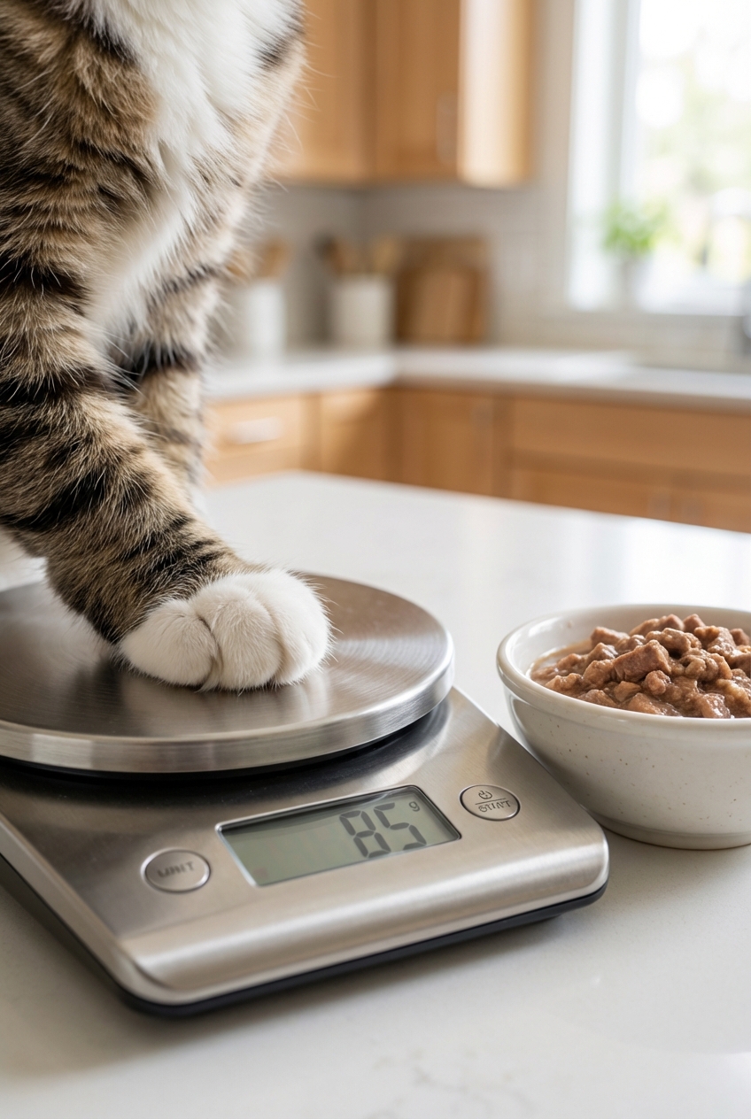 A close-up photo of a cat’s paw next to a kitchen scale and a small bowl of prepared food