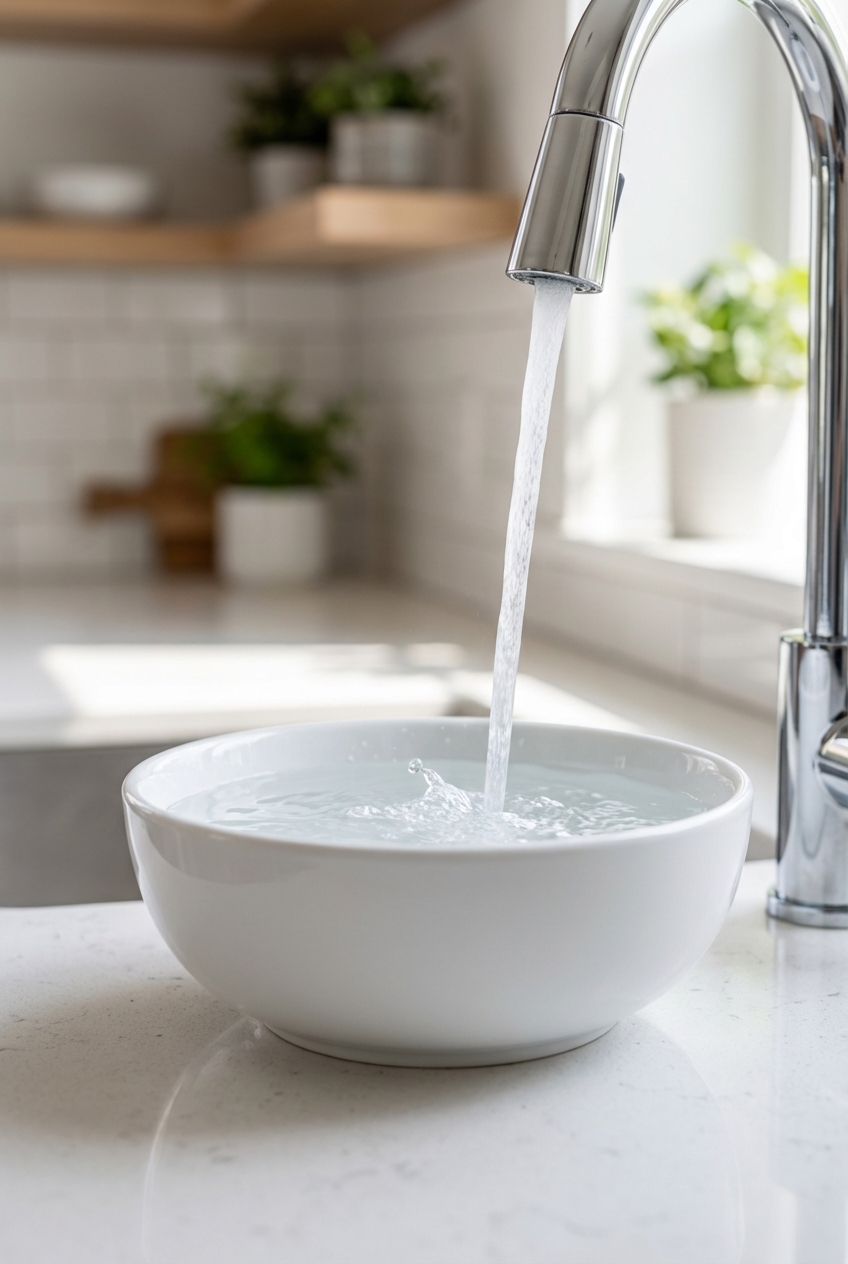 A close-up photo of a clean ceramic water bowl being filled from a kitchen faucet