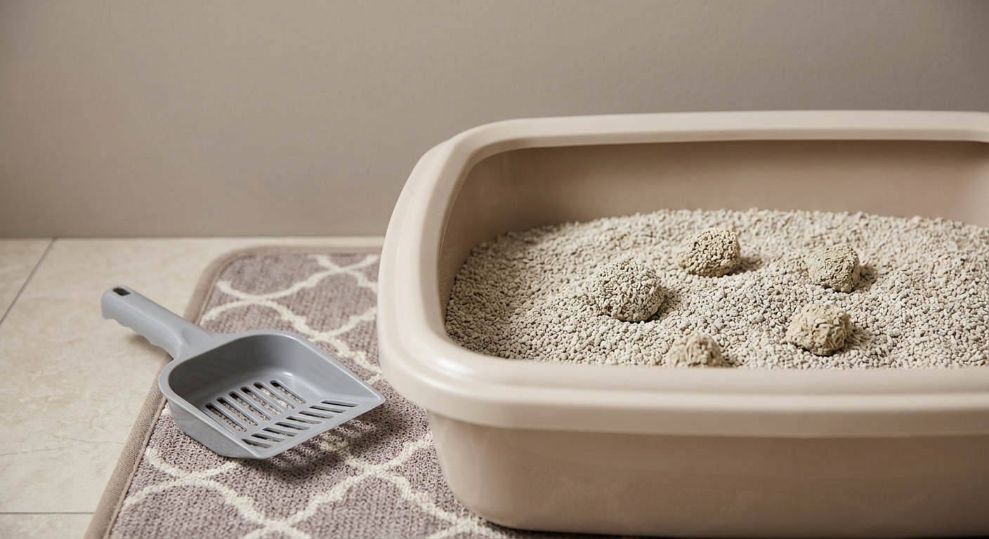 A close-up photo of a clean litter box area with fresh clumps and a scoop nearby