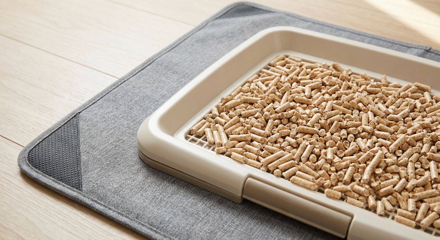 A close-up photo of a clean puppy potty tray filled with paper pellets on a washable mat