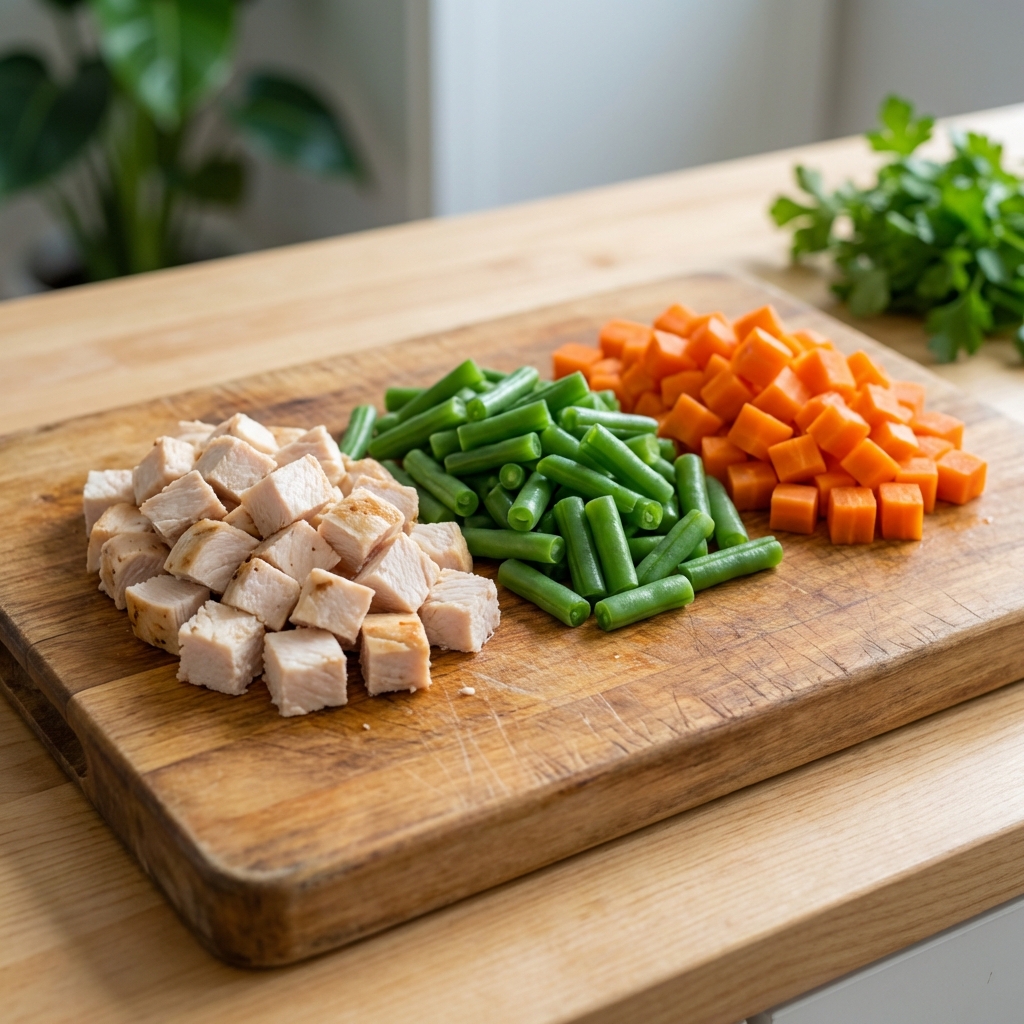 A close-up photo of a cutting board with chopped cooked chicken breast, steamed green beans, and diced carrots ready to be mixed for a dog meal