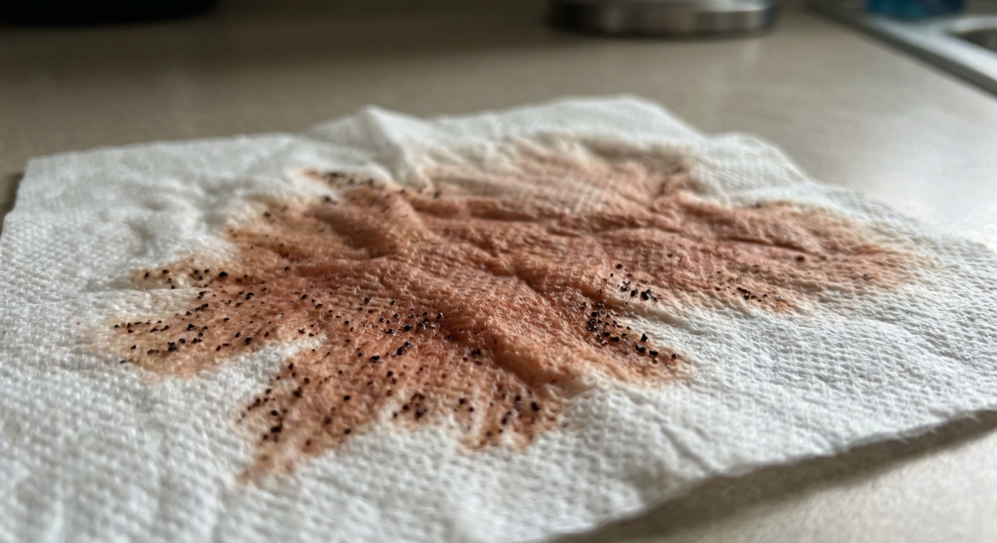 A close-up photo of a damp white paper towel with small dark specks bleeding into a reddish-brown stain