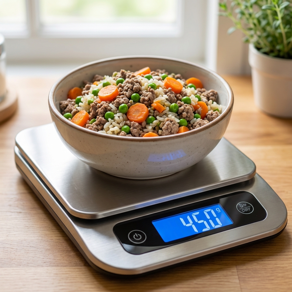 A close-up photo of a digital kitchen scale showing a bowl of homemade dog food being weighed