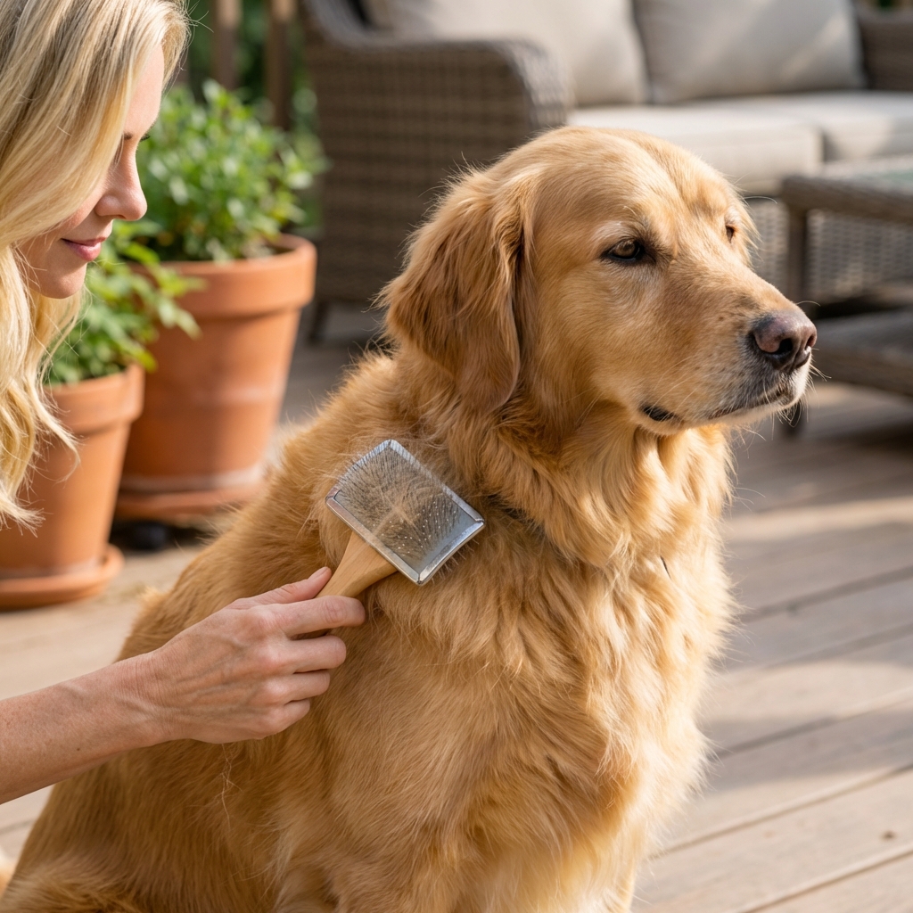 A close-up photo of a dog being brushed with a slicker brush on a patio