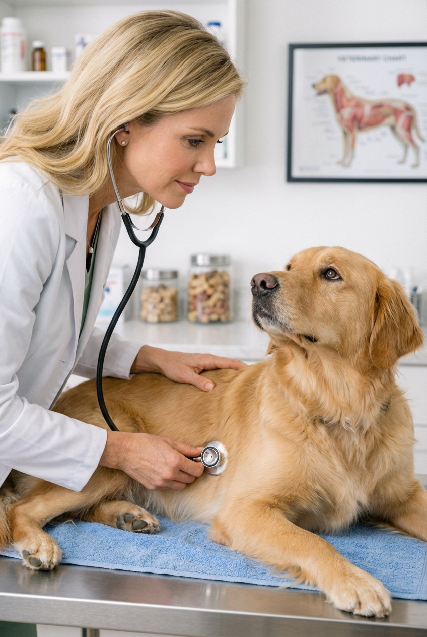 A close-up photo of a dog being examined by a veterinarian on an exam table