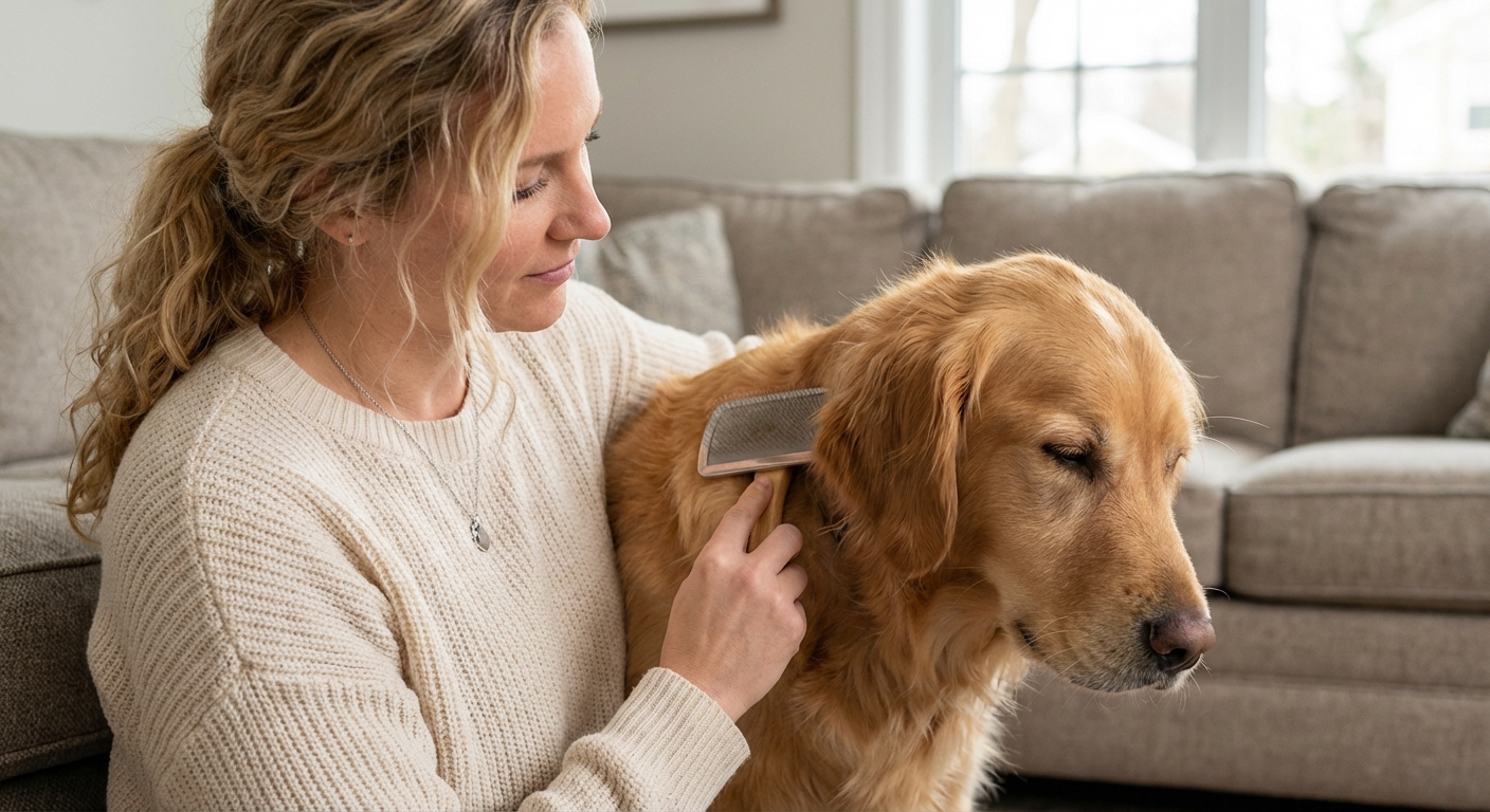 A close-up photo of a dog being gently brushed at home with a soft slicker brush