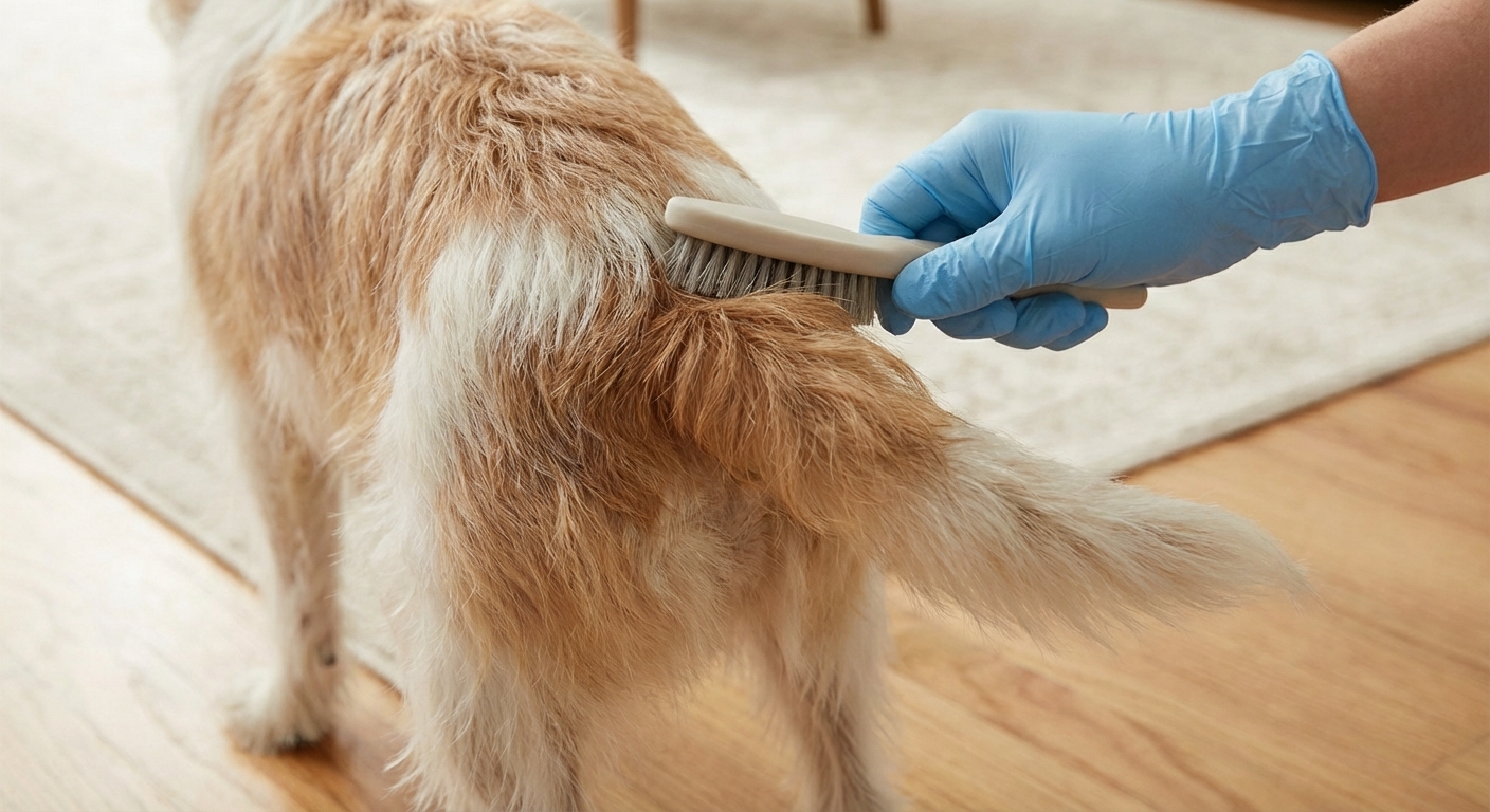 A close-up photo of a dog being gently brushed near the tail base by an owner wearing disposable gloves