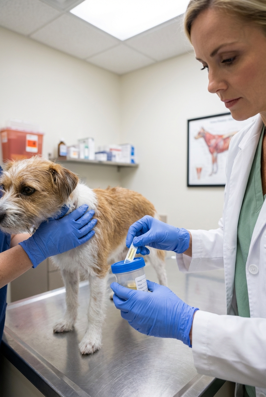 A close-up photo of a dog being gently held while a veterinarian prepares a urine sample container in an exam room