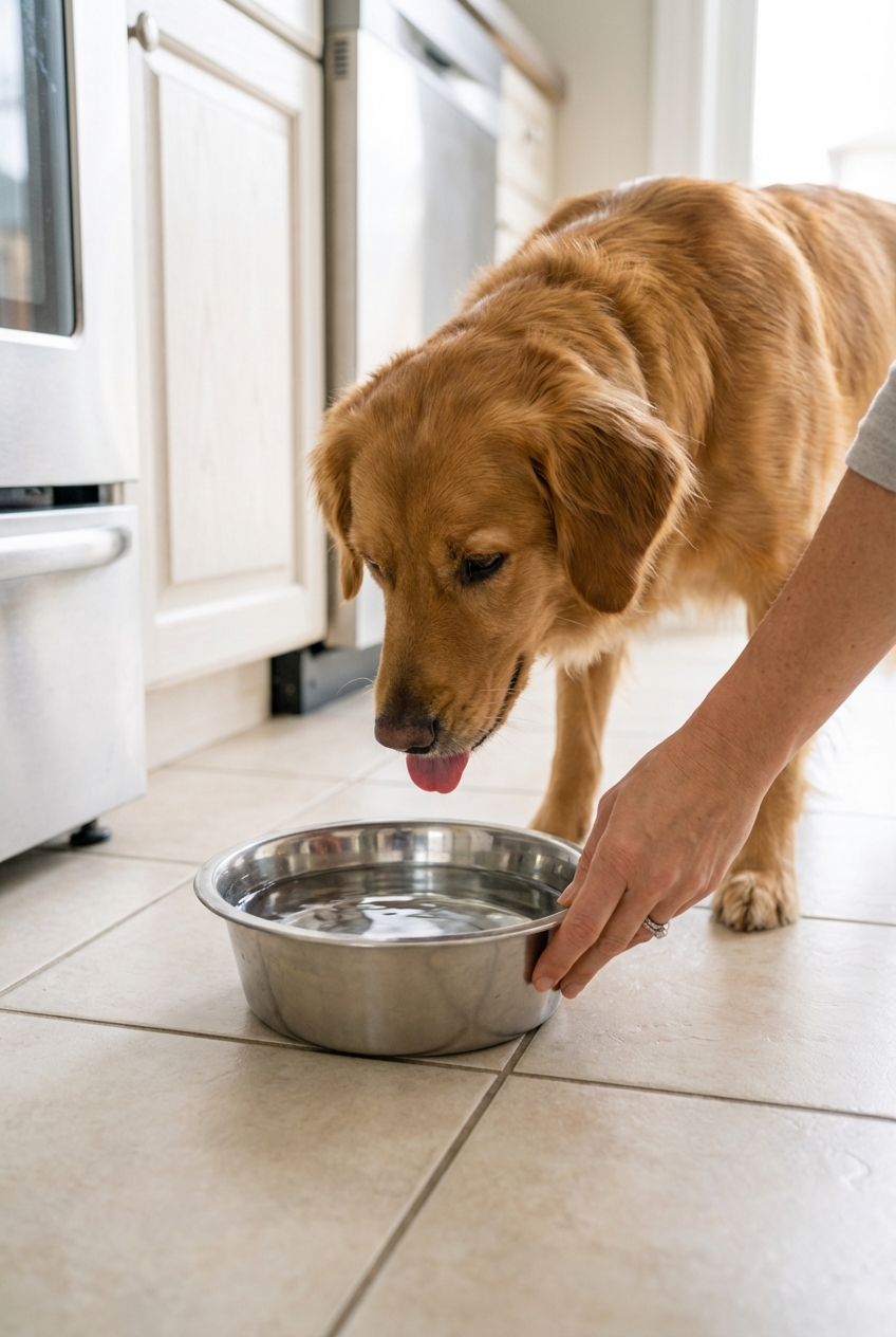 A close-up photo of a dog being offered water in a stainless steel bowl on a clean kitchen floor