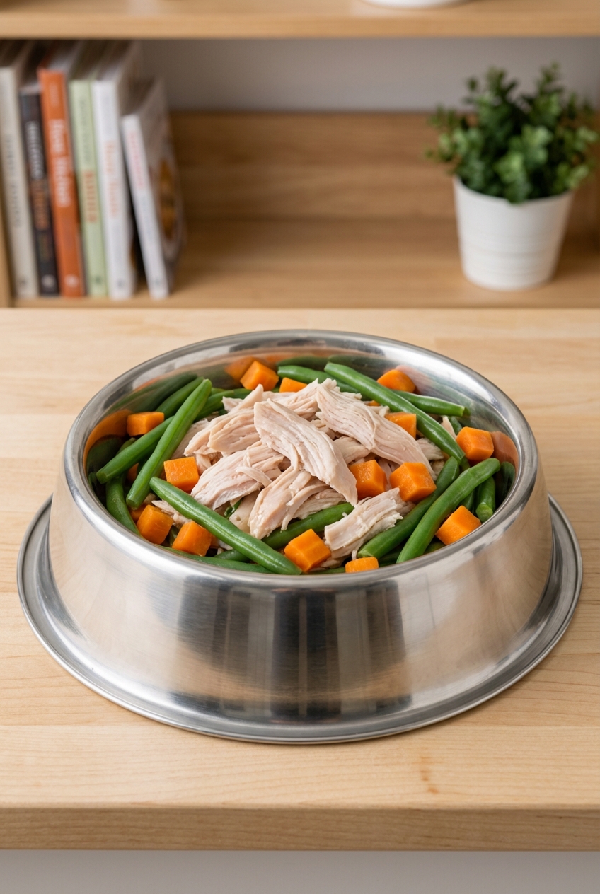 A close-up photo of a dog bowl filled with cooked turkey, green beans, and carrots