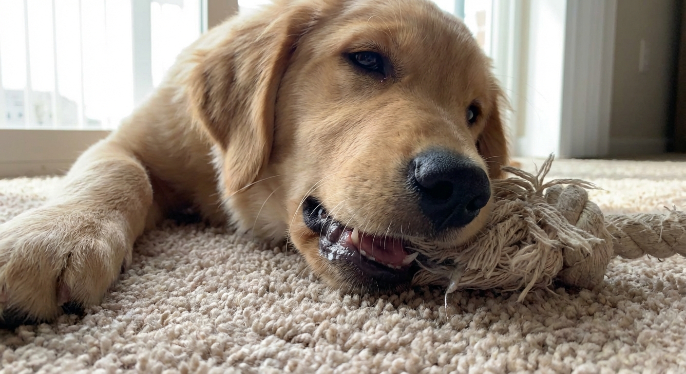 A close-up photo of a dog chewing a toy on a carpeted floor