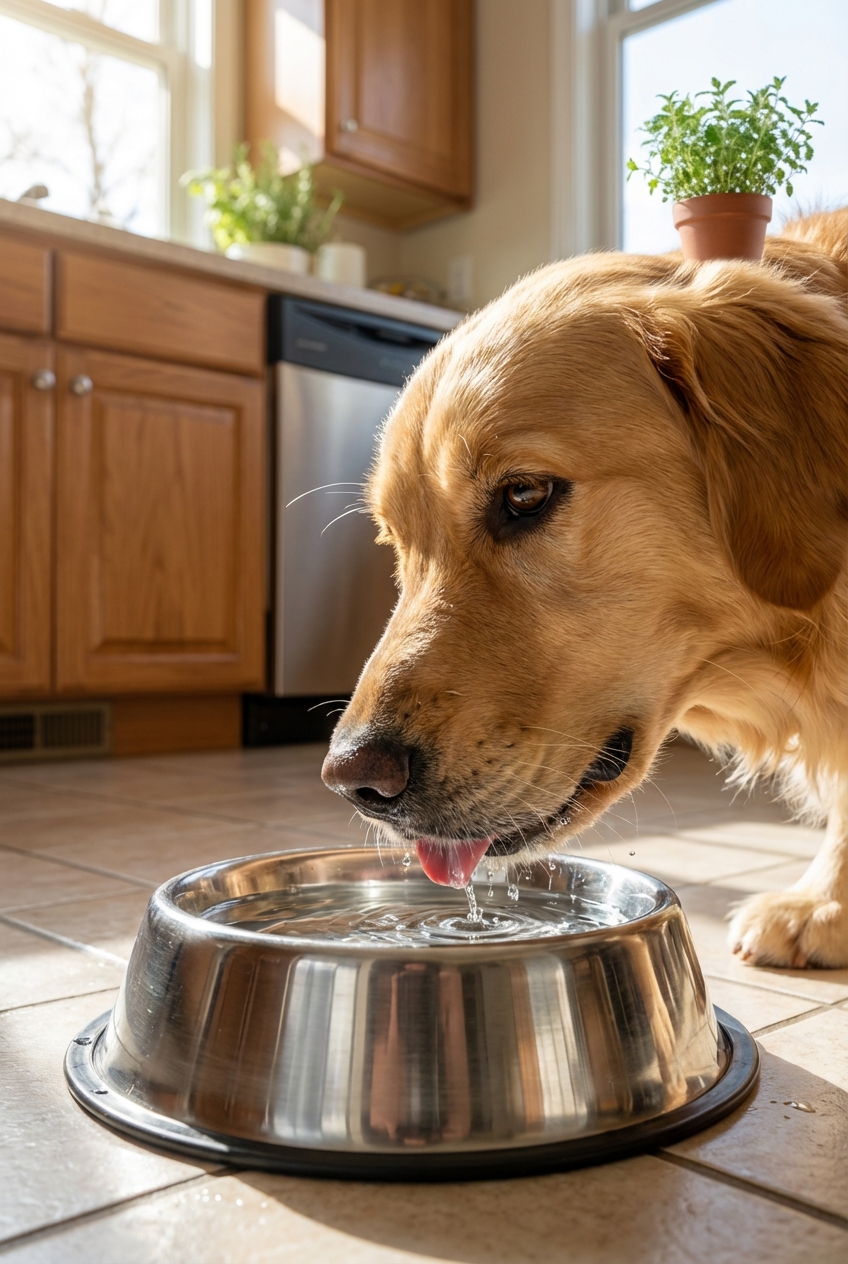 A close-up photo of a dog drinking small sips of water from a stainless steel bowl in a bright kitchen