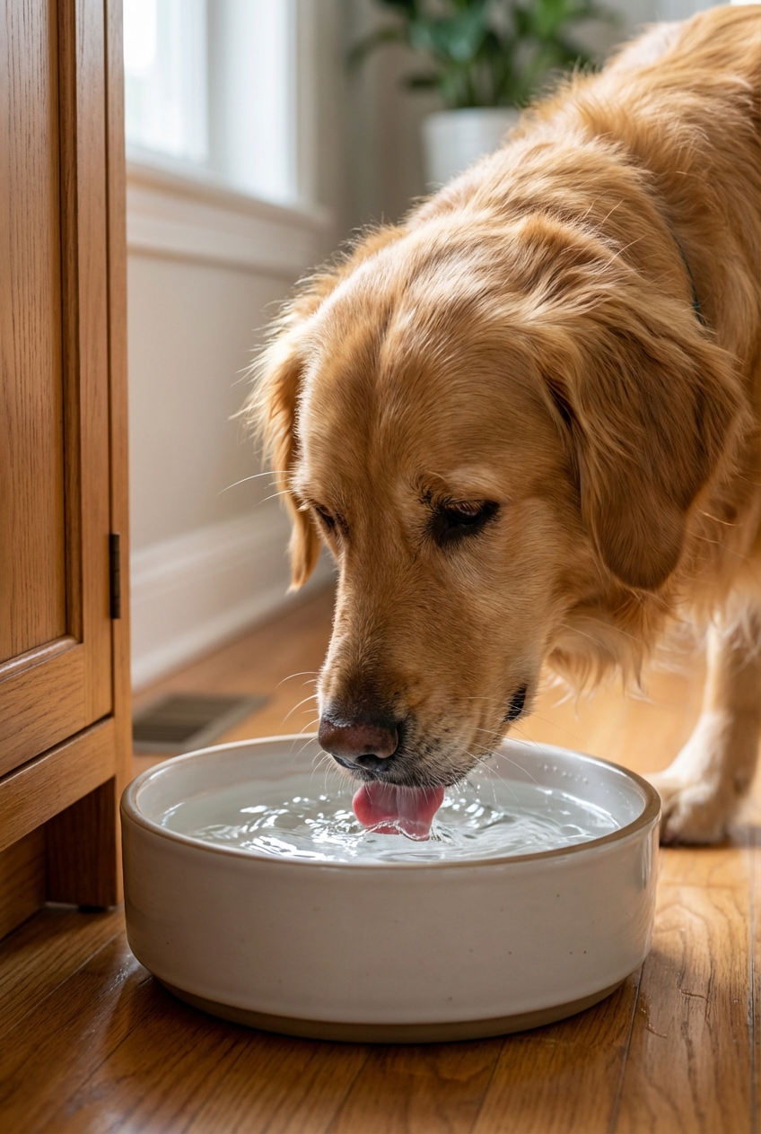 A close-up photo of a dog drinking water from a clean bowl at home