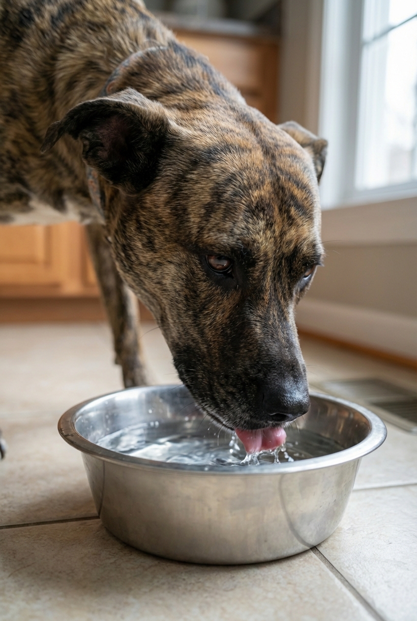 A close-up photo of a dog drinking water from a stainless steel bowl in a kitchen