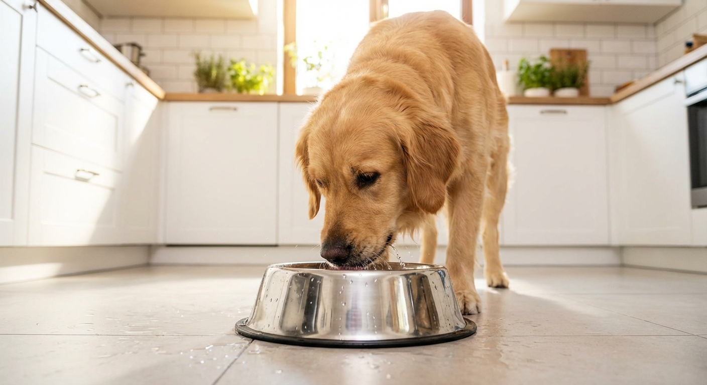 A close-up photo of a dog drinking water from a stainless steel bowl in a bright kitchen