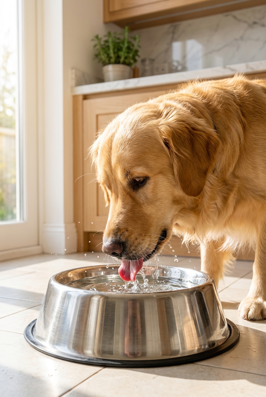 A close-up photo of a dog drinking water from a stainless steel bowl in a bright kitchen
