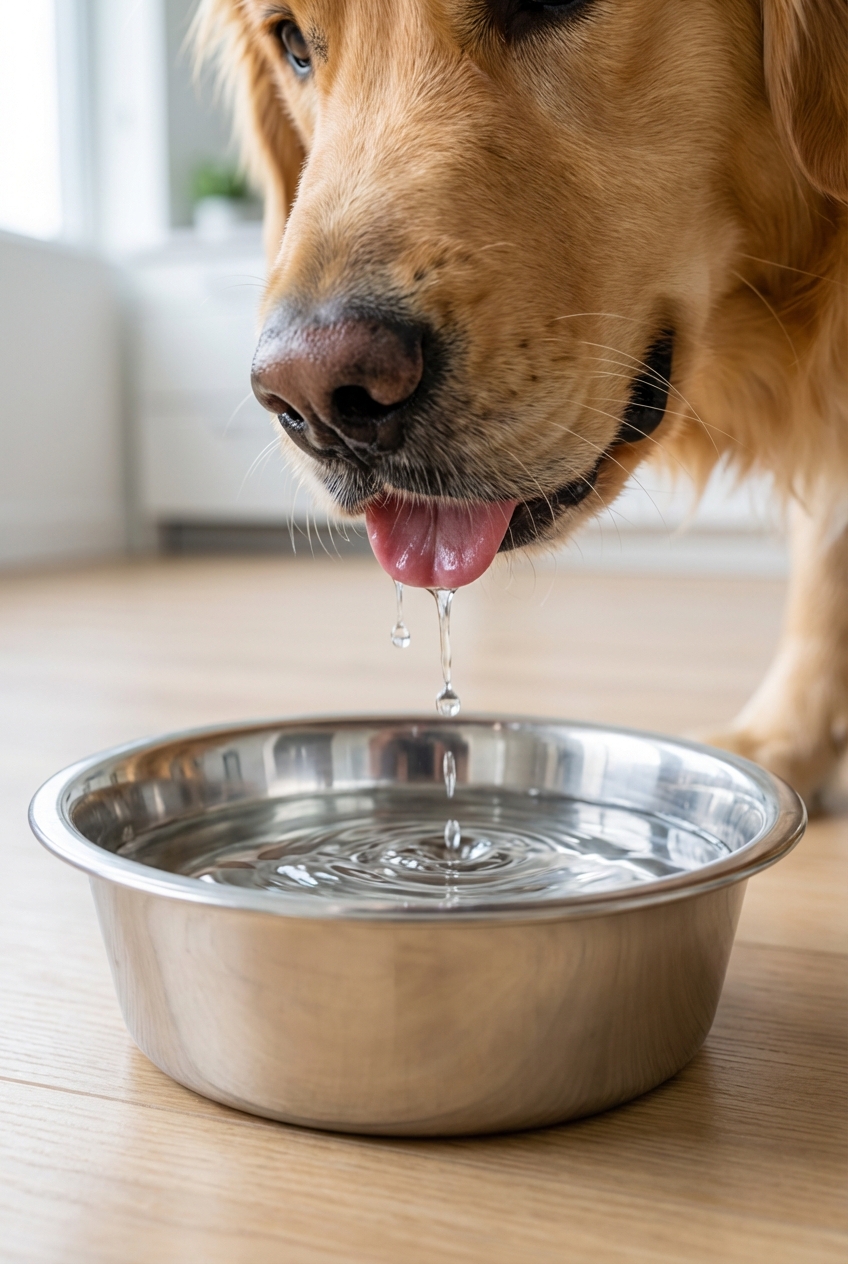 A close-up photo of a dog drinking water from a stainless steel bowl