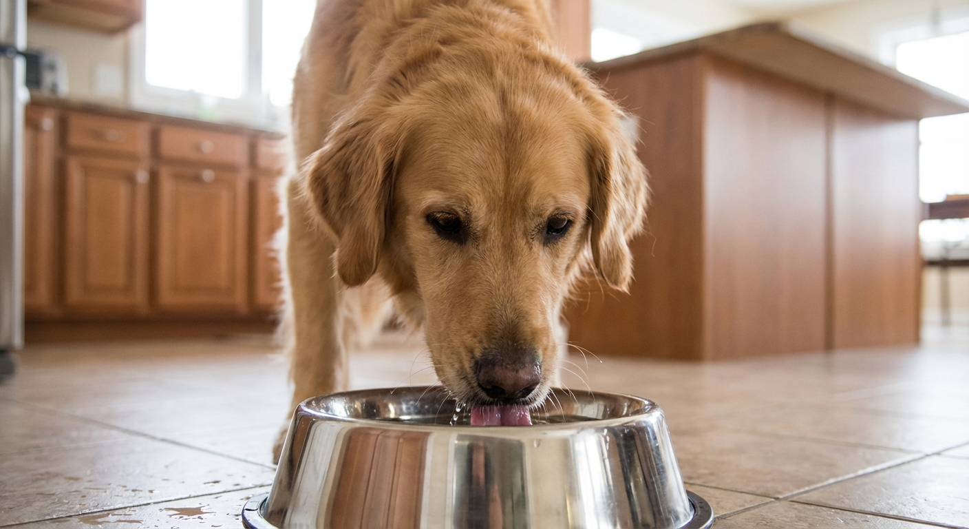 A close-up photo of a dog drinking water from a stainless steel bowl on a kitchen floor