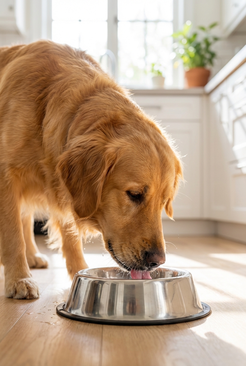 A close-up photo of a dog drinking water from a stainless steel bowl in a bright kitchen