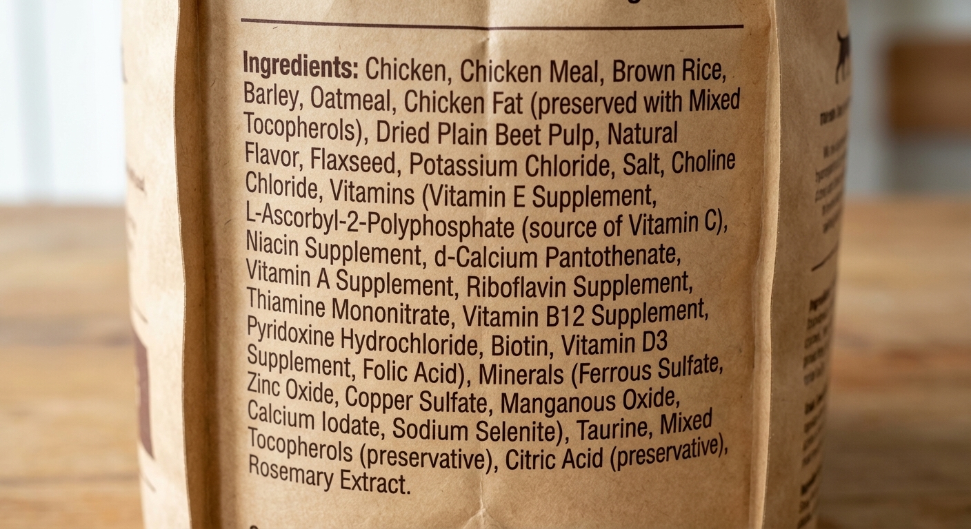 A close-up photo of a dog food bag ingredient panel with small print, showing a long list of ingredients, real product photography style