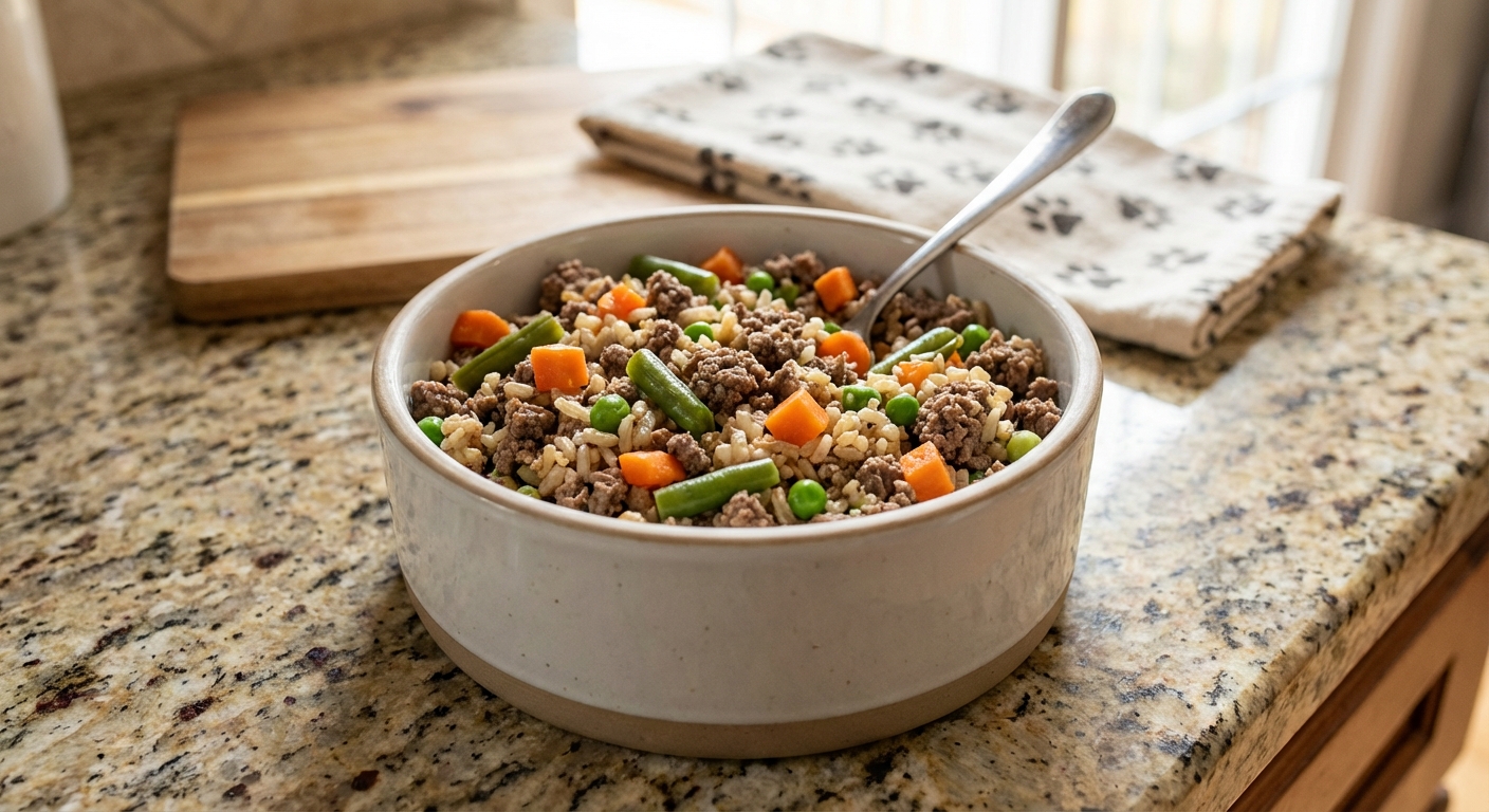A close-up photo of a dog food bowl on a kitchen counter with cooked meat, rice, and vegetables