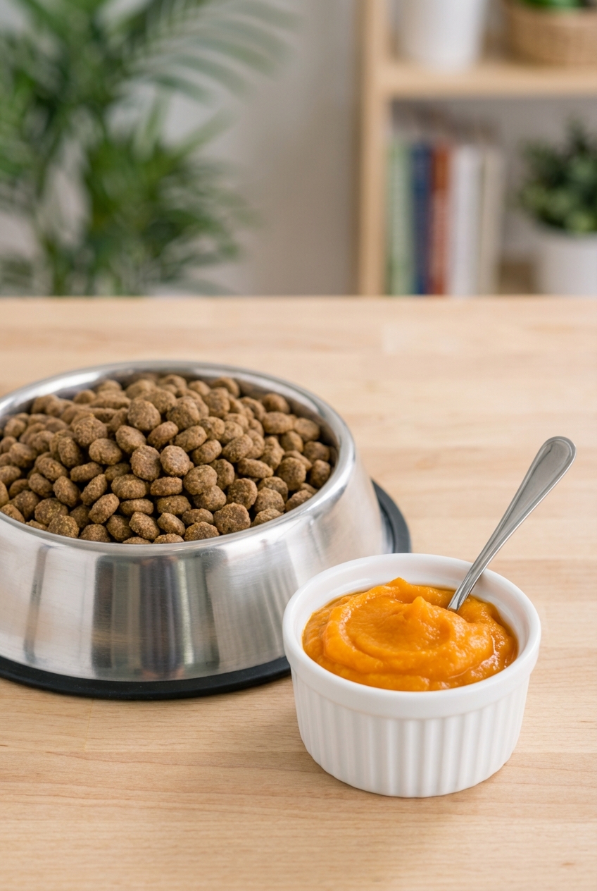 A close-up photo of a dog food bowl with kibble next to a small portion of plain pumpkin puree