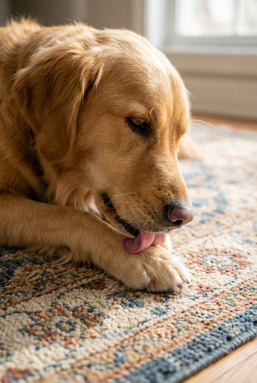 A close-up photo of a dog gently licking its front paw on a living room rug
