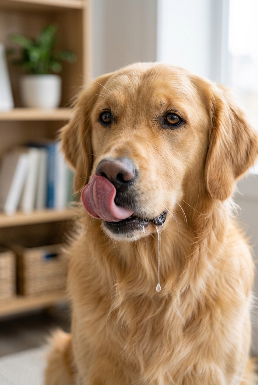 A close-up photo of a dog gently licking its lips with drool visible while sitting indoors